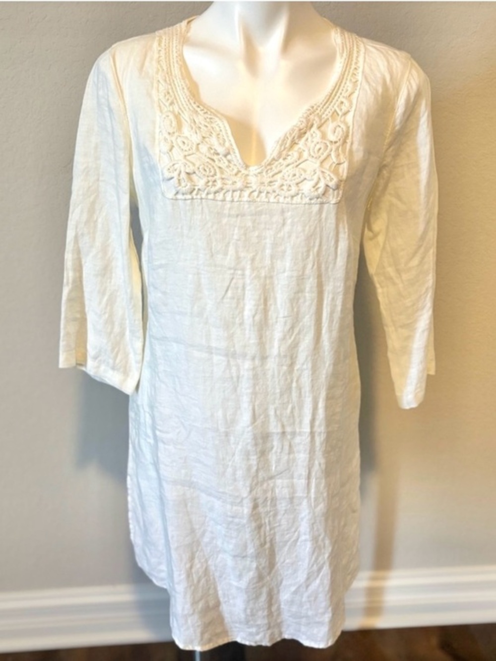 Malvin 100% Linen Embroidered 3/4 Sleeve Ivory Dress Women’s Size Large/10‎ SEE